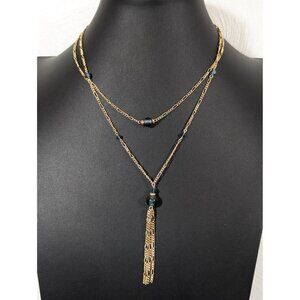 Retro Blue Glass Bead Gold Tone Figaro Multi‎ Chain Tassel Layer Necklace 17"